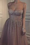 Sexy A Line Spaghetti Straps Rhinestone Tulle Sweetheart Evening Dresses Pink Formal Dresses P1302