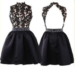 Elegant Open Back Lace Black Fitted Halter Mini Homecoming Dresses
