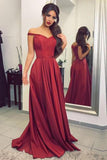 Satin Off the Shoulder A-line Sweep Train Sashes Sweetheart Burgundy Prom Dresses PH604