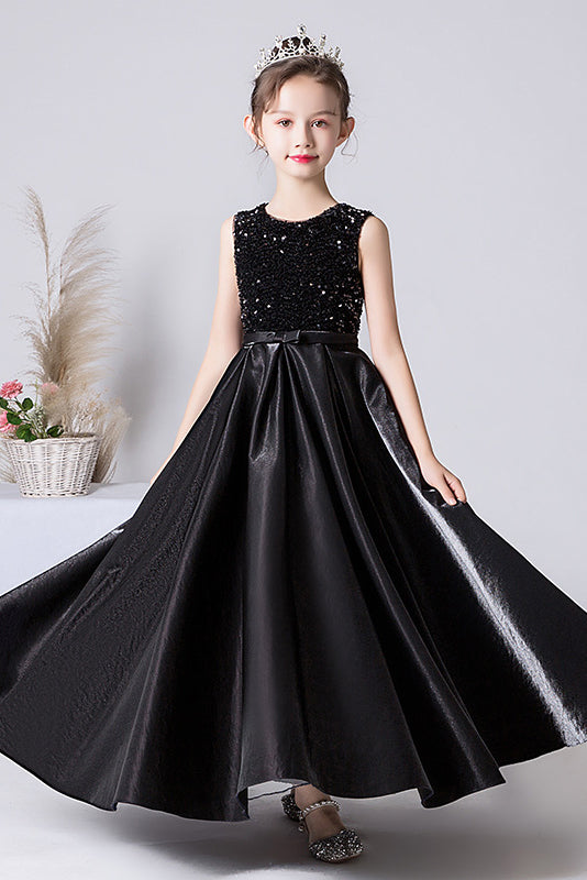 A Line Black Sequins Sleeveless Flower Girl Dress