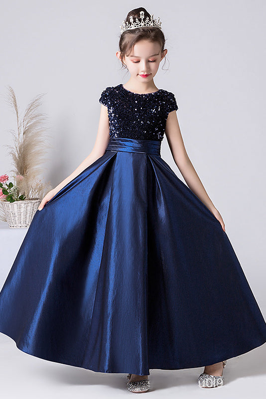 Pretty A Line Dark Blue Sequins Short Sleeve Flower Girl Dress