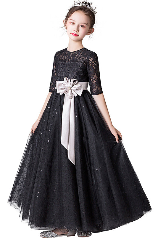 Chic Black Half Sleeve Flower Girl Dress with Flower Belt