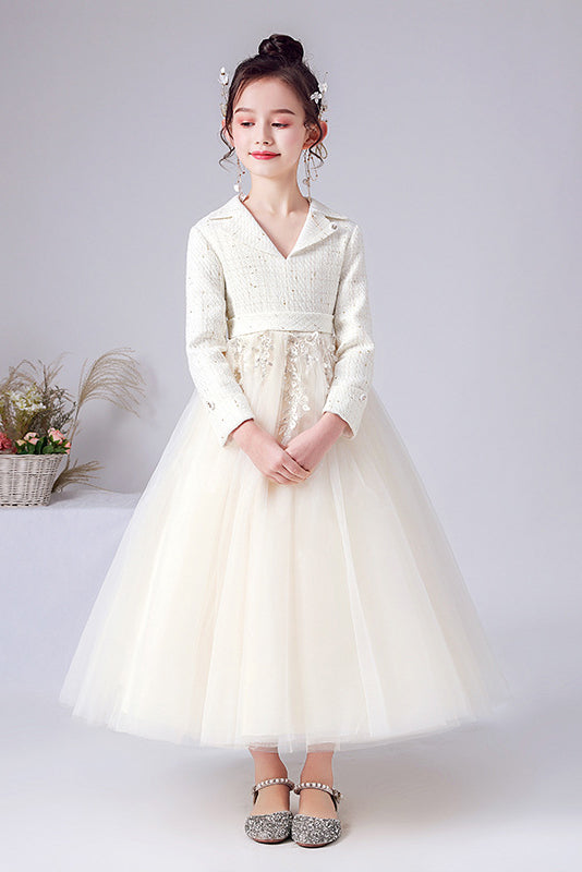 Pretty A Line White Long Sleeve Flower Girl Dress With Bow Belt