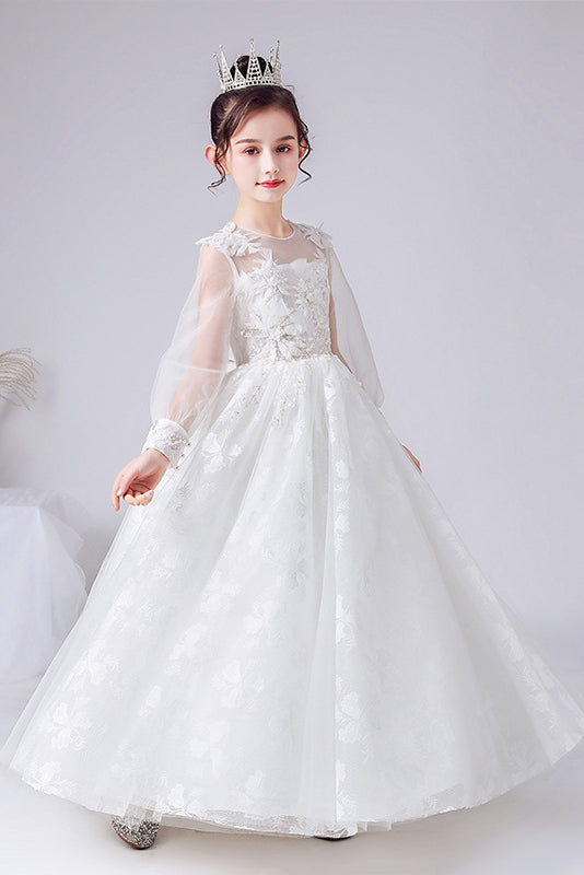 A Line White Long Sleeve Flower Girl Dress With Bow – PromDress.me.uk