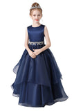 Navy Blue Stain Sleeveless Floor Length Flower Girl Dress