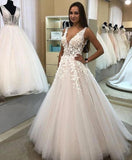 A Line V-Neck Long Tulle Wedding Dress with Appliques Bridal Dress W1148