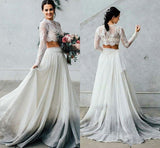 Elegant Two Pieces Chiffon Long Sleeves Wedding Dress with Lace Appliques W1201