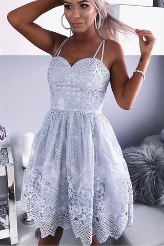 A-Line Spaghetti Straps Knee-Length Gray Lace Sweetheart Prom Homecoming Dress PH657