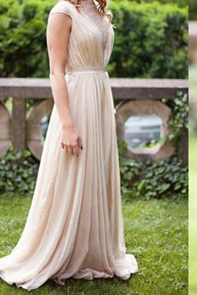 A-line Chiffon Long Simple High Neck Prom Dresses UK Floor-length Ruched with Cap Sleeves PH295