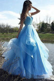 A-Line Sweetheart Strapless Blue Tulle Beads Sleeveless Ruffles Prom Dresses uk PH820