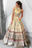 Unique A line Two Piece High Neck Tribal Satin Prom Dresses with Pockets,Party Dresses PW190