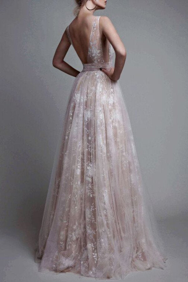 A Line Deep V-Neck Tulle Lace Appliqued Floor-Length Prom Dress