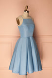 A Line Blue Halter Sleeveless Satin Knee Length Homecoming Dresses