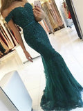 Elegant Emerald Green Off Shoulder Lace Mermaid Beads Sweetheart Prom Dresses PH412