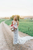 Rustic Lace Appliques V-Neck Mermaid Wedding Dress Long Bridal Dress W1229