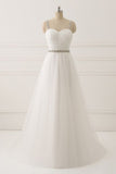A Line White Spaghetti Straps Tulle Beads Appliques Sweetheart Zipper Prom Dresses PH597