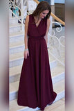 Simple A-line V-neck Chiffon Sweep Train Burgundy Sleeveless Sashes Prom Dresses UK PH404