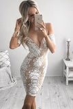 Tight Off-the-Shoulder V Neck Lace Short Chiffon Homecoming Dress with Appliques PH660