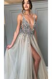 Sexy Deep V-Neck Side Split Beading Tulle Evening Dresses PM115