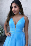 A Line Sky Blue Spaghetti Straps V Neck Tulle Prom Dress Cheap Evening Dress P1422
