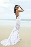 Beach Backless Sexy Mermaid Lace White Open Back Halter V-Neck Summer Wedding Dress PM698