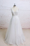 Elegant Ivory A Line Plunging Neckline Lace Appliqued Flowers Tulle Wedding Dresses PH649