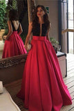 Red Open Back Beads Bowknot with Pockets Round Neck Sleeveless Prom Dresses UK PH511