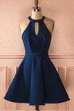 A-Line Jewel Keyhole Dark Blue Satin Short Sleeveless Cute Mini Homecoming Dresses PM196