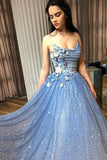 A-line Blue Spaghetti Straps Sweetheart Long Prom Dresses, Evening Dresses P1303