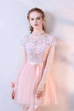 A Line Pink Tulle Cap Sleeves Scoop Short Prom Dresses with Flowers, Homecoming Dress PH878