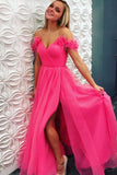 A Line Off the Shoulder Hot Pink Tulle Prom Dresses with Split, Long Formal Dresses P1398