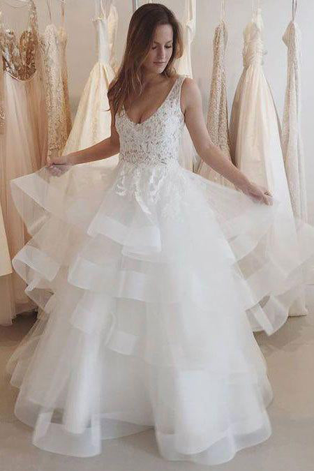 New Arrival Sexy A-Line V-Neck Sleeveless Backless White Tulle Occasion Wedding Dress uk PH235