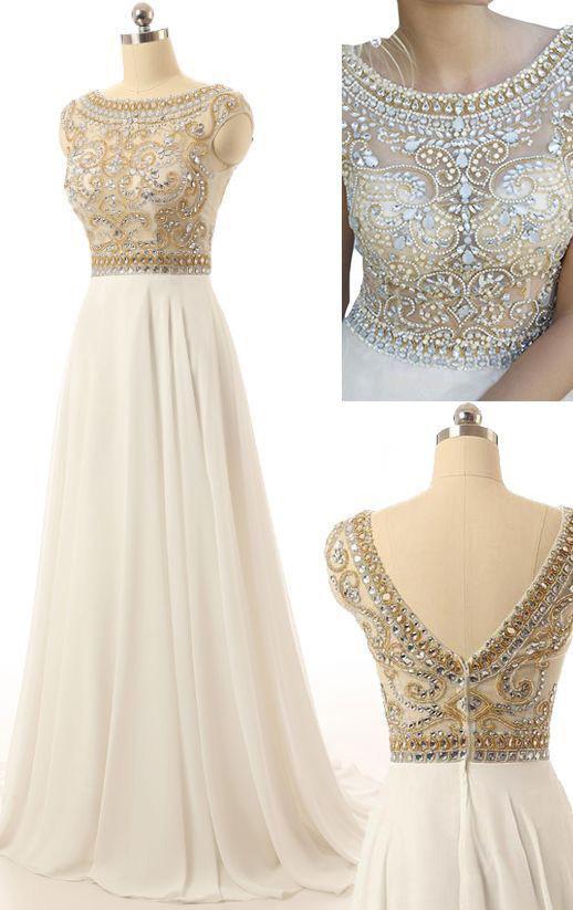 Sexy Boat Neck Cap Sleeves Beads Chiffon Backless Long Prom Dress