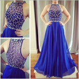 A Line Royal Blue Halter Sleeveless Tulle Beads Floor-Length Prom Dress