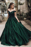 A-Line Ball Gown Off the Shoulder Green Sleeveless Sweetheart Lace Satin Prom Dresses PH555