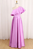 Elegant A Line One Shoulder Long Satin Prom Dress Daffodil Party Dress with Ruffles P1556