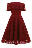A Line Lace Strapless Off the Shoulder Burgundy Vintage Knee Length Homecoming Dress PH688