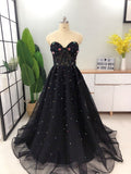 Elegant A Line Sweetheart Strapless Black Tulle Prom Dress with Beading P1442