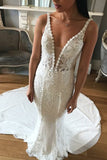 Mermaid Deep V Neck Backless Sweep Train Wedding Dresses uk with Lace Appliques PH847