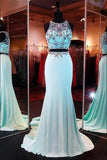 Two Pieces Beading Bodice Long Satin Prom Dresses Evening Dresses PM563