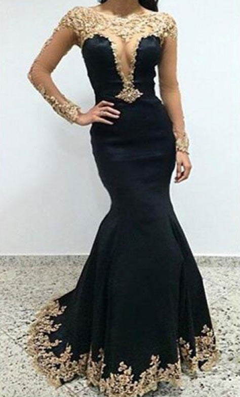 Sexy Black Lace Long Sleeves Long Mermaid Prom Dress Evening Dress PM499