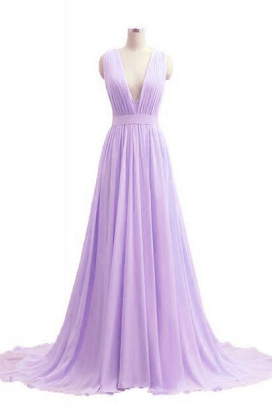 V-Neck Lavender Long Chiffon Prom Dresses Evening Dresses