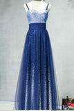 A Line Ombre Spaghetti Straps Tulle Blue Sequins Sweetheart Prom Homecoming Dress PH805