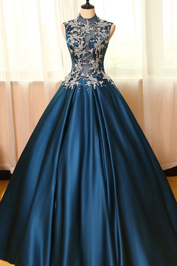 High Neck Sleeveless Appliques Ball Gown Open Back Satin Long Floor Length Blue Prom Dresses uk PH234