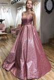 Unique A line Pink Sequins Spaghetti Straps Prom Dresses, Evening Dresses P1474