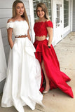 A-Line Princess Off-the-Shoulder Sleeveless Brush Train Lace Satin Two Piece Prom Dresses PH562