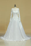 A Line Long Sleeves White Lace Appliques Satin Beads Open Back Wedding Dresses uk PH815