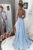 Sexy A-Line Halter Neck Backless Sleeveless Blue with Slit Chiffon Prom Dresses UK PH410