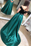 Unique A line Black And Green Long Elegant Off the Shoulder Satin Prom Dresses uk PW106
