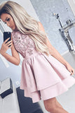 Pretty Bateau Short Blush Pink Scoop Satin Lace Appliques Homecoming Dresses uk PW16